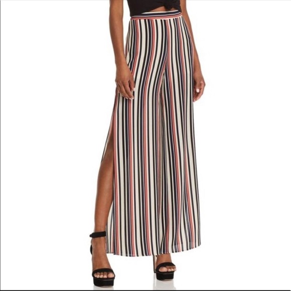 Aqua striped cropped wide leg high rise w/ side slit leg pull on pants - Picture 1 of 9